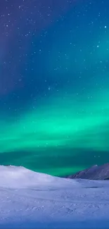 Stunning wallpaper of the Aurora Borealis illuminating a starry night sky over snowy landscapes.