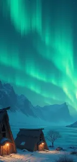 Aurora borealis over snowy cabins, under a starry sky.