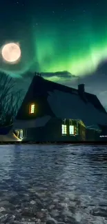 Aurora Borealis over a cozy cabin by a moonlit winter lake.