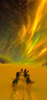 Aurora borealis over a dog sled, creating a vibrant night sky.