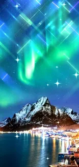 Northern Lights over a mountain lake, creating a vibrant night scene.