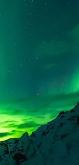 Spectacular aurora over snowy mountains at night.