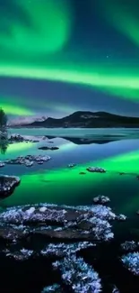 Aurora Borealis mesmerizing over a tranquil icy lake with reflections.