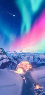 Igloo under Northern Lights with starry sky and mountains.