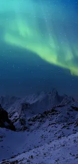 Aurora Borealis over snowy mountains with a starry night sky.