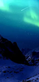 Aurora Borealis over snowy mountains at night.