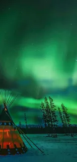 Vivid aurora borealis above snowy landscape with glowing tepee and forest.