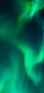 Emerald green aurora borealis in night sky.