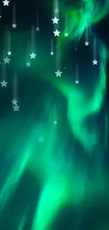 Vibrant Aurora Borealis lights in green and blue hues on a starry night sky.