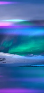 Aurora Borealis with vivid colors over snowy landscape in mobile wallpaper.