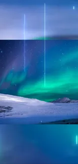 Vivid aurora borealis over snowy mountains with a starry sky.