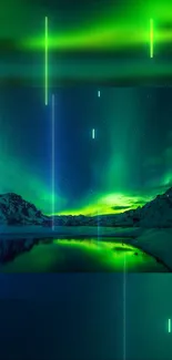 Aurora Borealis with green lights over icy mountains reflecting on water.