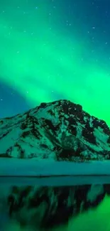 Green aurora borealis over snowy mountains at night.