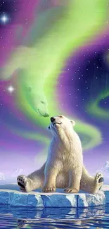 Polar bear sitting under aurora lights on an iceberg.