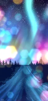 Vibrant aurora borealis over a snowy forest road at night.