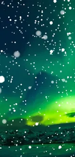 Mobile wallpaper of aurora borealis with snowfall over a winter landscape.