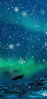 Serene aurora borealis with snowflakes in a night sky over icy landscape.