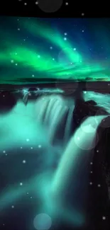 Aurora Borealis over waterfall with teal glow and starry night sky.