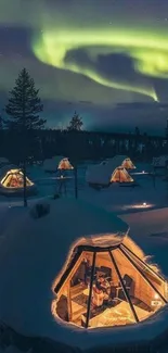 Northern Lights over snowy cabins in a serene winter landscape.