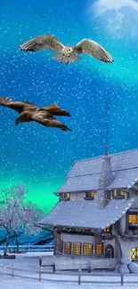 Snowy cabin under aurora with eagles in flight against a blue night sky.