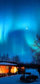 Aurora Borealis over cozy cabin in winter night scene.