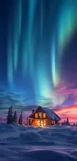 Aurora borealis illuminating a snow-covered cabin at night.