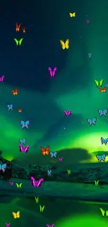 Colorful butterflies against a green aurora night sky.