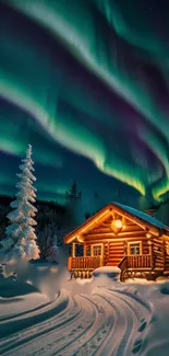 Log cabin under aurora borealis in snowy forest.