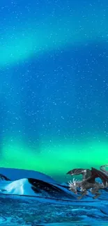 Dragon in a snowy landscape under the aurora borealis.