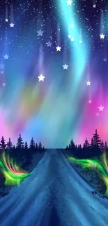 Mobile wallpaper with aurora borealis over forest path and starry sky.