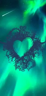 Glowing heart with aurora sky background in vibrant teal colors.