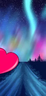 Vibrant wallpaper with aurora and pink heart at night.