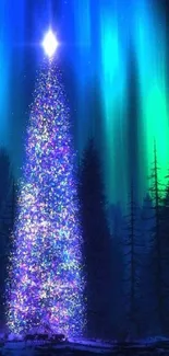 Sparkling Christmas tree under vibrant aurora.