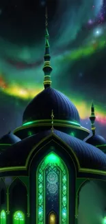 A mosque illuminated by green aurora lights under a starry night sky.