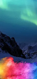 Vibrant aurora over a snowy mountain.