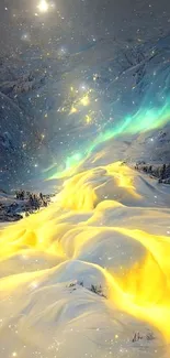 Aurora lights over snow-capped mountains with a golden glow.