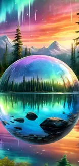 Vibrant aurora mountain reflection in a crystal ball.