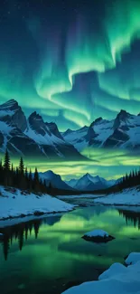 Stunning Northern Lights over snow-covered mountains with a river reflection.