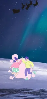 Festive dancing couple with Santa's sleigh under Northern Lights.