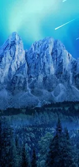 Night mountain scene with vivid blue aurora and full moon in the sky.