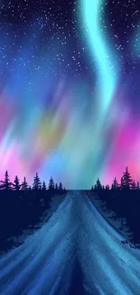 Northern Lights over a forest road with a vibrant, starry night sky.