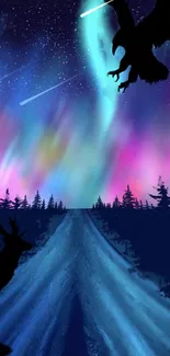 Silhouetted wildlife under a colorful aurora night sky with stars.