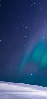 Aurora borealis illuminating a starry night over snowy landscape.