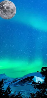 Aurora night sky with moon and stars.