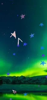 Vibrant aurora borealis with stars in a night sky landscape.