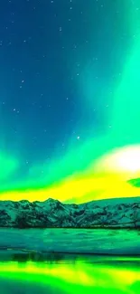 Vibrant green aurora over snowy mountains reflecting in a serene night landscape.