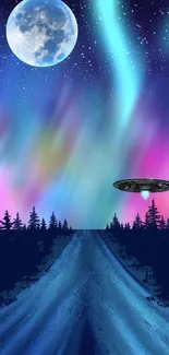 UFO under a vibrant aurora with moonlit sky and trees.