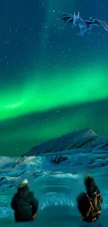 Night sky with aurora and dragon over snowy landscape.