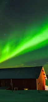 Vibrant green aurora over lake and cabin.