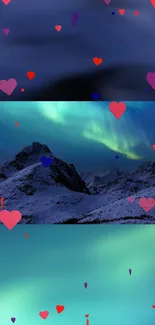 Northern Lights over mountains with heart designs, perfect mobile wallpaper.